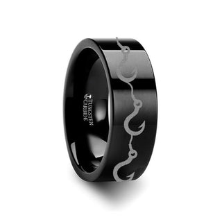 Multiple Fishing Hook Pattern Ring Engraved Flat Black Tungsten Ring - 4mm - 12mm - Thorsten Rings