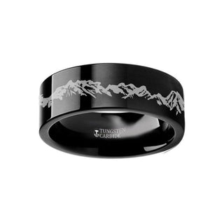 Peaks Mountain Range Outdoors Landscape Ring Engraved Flat Black Tungsten Ring - 4mm - 12mm - Thorsten Rings