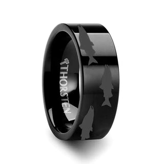 Salmon Fish Sea Print Pattern Ring Engraved Flat Black Tungsten Ring - 4mm - 12mm - Thorsten Rings