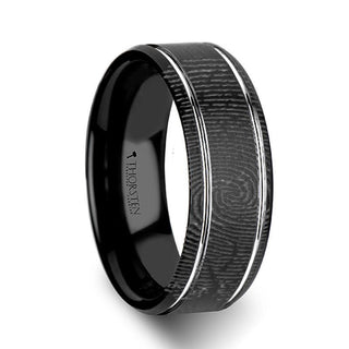 Fingerprint Engraved Flat Black Tungsten Ring with Brushed Finish & Polished Grooves - Nocturne - 6mm - 8mm - Thorsten Rings