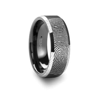 Fingerprint Engraved Flat Black Tungsten Ring with Brushed Finish with Polished Beveled Edges - Aston - 4mm - 10mm - Thorsten Rings