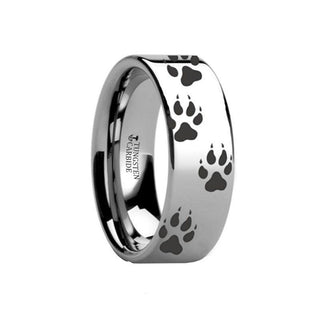 Animal Track Wolf Print Ring Engraved Flat Tungsten Polished- 4mm - 12mm - Thorsten Rings