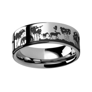 Animal Landscape Wild Horse Scene Ring Engraved Flat Tungsten Ring - 4mm - 12mm - Thorsten Rings