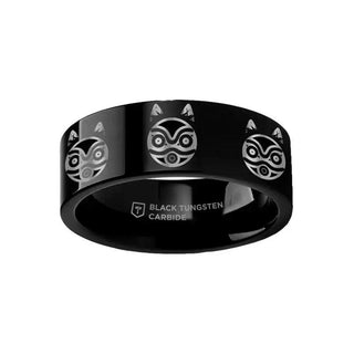 Engraved Princess Mononoke San Mask Black Tungsten Ring Flat Polished Finish - 4mm - 12mm - Thorsten Rings