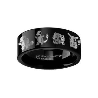 Engraved Starter Pokemon Pikachu Charmander Squirtle Bulbasaur Black Tungsten Ring Flat and Polished - 4mm - 12mm - Thorsten Rings