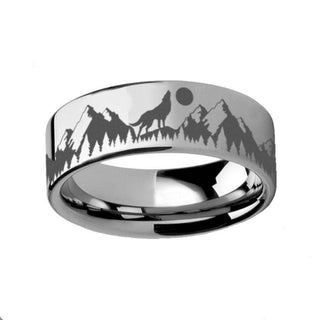 Howling Wolf Moon Mountain Ring Engraved Flat Tungsten Polished - 4mm - 12mm - Thorsten Rings