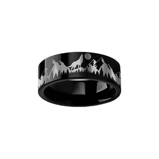 Howling Wolf Moon Mountain Ring Engraved Flat Black Tungsten Polished - 4mm - 12mm - Thorsten Rings