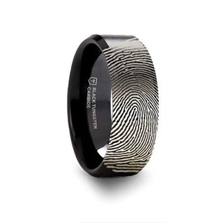 Fingerprint Black Tungsten Ring with Polished Beveled Edges and Brush Finished Center - 4mm - 10mm - Thorsten Rings