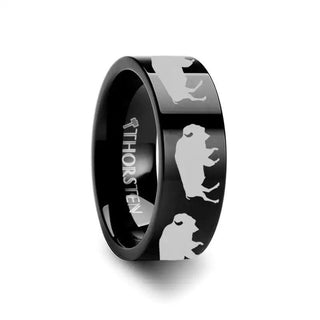 Animal Silhouette Buffalo Ring Engraved Flat Black Tungsten Ring - 4mm - 12mm - Thorsten Rings