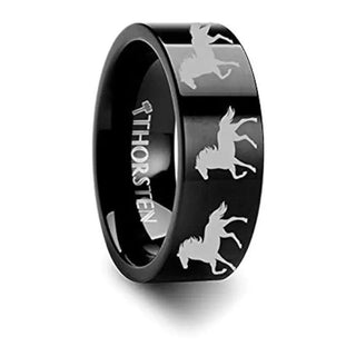 Animal Horse Print Ring Engraved Flat Black Tungsten Ring - 4mm - 12mm - Thorsten Rings