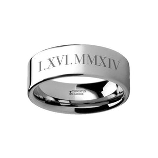 Roman Numeral Date Engraved Flat Tungsten Ring Polished - 4mm - 12mm - Thorsten Rings