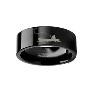 Hunting Landscape Scene Fishing Boat Fishermen Fish Ring Engraved Flat Black Tungsten Ring - 4mm - 12mm - Thorsten Rings