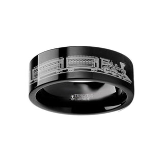 Conductor Long Train Railroad Trolly Landscape Ring Engraved Flat Black Tungsten Ring - 4mm - 12mm - Thorsten Rings