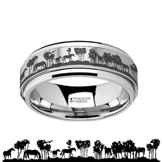 Spinning Engraved Wild Horse Scene Tungsten Carbide Spinner Wedding Band - 8mm - Thorsten Rings