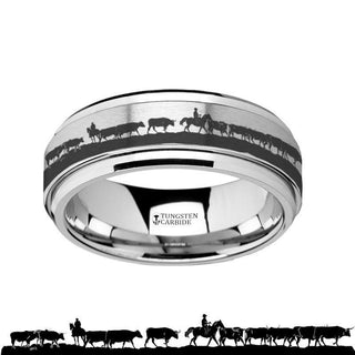 Spinning Engraved Herding Cattle Tungsten Carbide Spinner Wedding Band - 8mm - Thorsten Rings