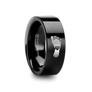 Footprint Initials Engraved Flat Pipe Cut Black Tungsten Ring Polished - 4mm - 12mm - Thorsten Rings