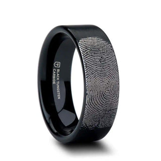 Fingerprint Engraved Flat Pipe Cut Black Tungsten Ring Brushed - San Antonio - 4mm - 12mm - Thorsten Rings