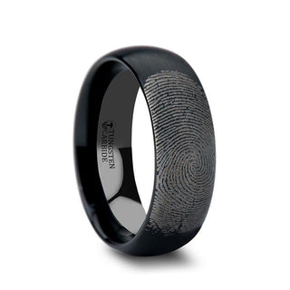 Fingerprint Engraved Domed Black Tungsten Ring with Brushed Finish - Raider - 4mm - 12mm - Thorsten Rings