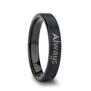 Handwritten Engraved Flat Pipe Cut Black Tungsten Ring Brushed - 4mm - 12mm - Thorsten Rings