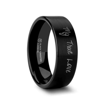 Handwritten Engraved Flat Pipe Cut Black Tungsten Ring Brushed - 4mm - 12mm - Thorsten Rings