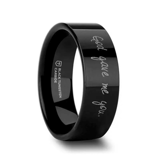 Handwritten Engraved Flat Pipe Cut Black Tungsten Ring Polished - 4mm - 12mm - Thorsten Rings