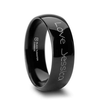 Handwritten Engraved Domed Black Tungsten Ring Polished - 4mm - 12mm - Thorsten Rings