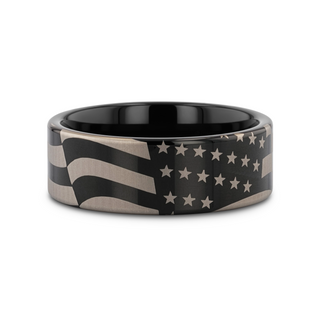 U.S. Flag Patriot Engraved Polished Flat Pipe Cut Black Tungsten Ring - 6mm - 12mm