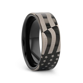 U.S. Flag Patriot Engraved Polished Flat Pipe Cut Black Tungsten Ring - 6mm - 12mm