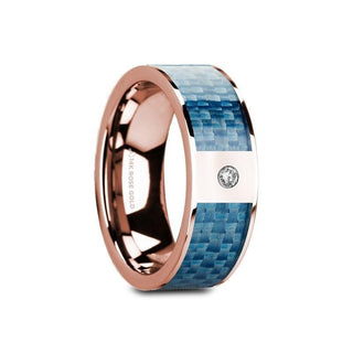 GARTH Flat 14K Rose Gold with Blue Carbon Fiber Inlay & White Diamond Setting - 8mm - Thorsten Rings