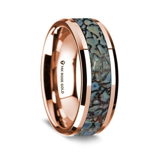 14K Rose Gold Polished Beveled Edges Wedding Ring with Blue Dinosaur Inlay - 8 mm - Thorsten Rings