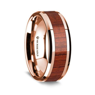 14K Rose Gold Polished Beveled Edges Wedding Ring with Padauk Inlay - 8 mm - Thorsten Rings