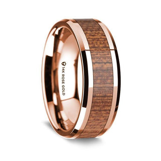14K Rose Gold Polished Beveled Edges Wedding Ring with Sapele Inlay - 8 mm - Thorsten Rings