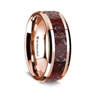 14K Rose Gold Polished Beveled Edges Wedding Ring with Red Dinosaur Bone Inlay - 8 mm - Thorsten Rings