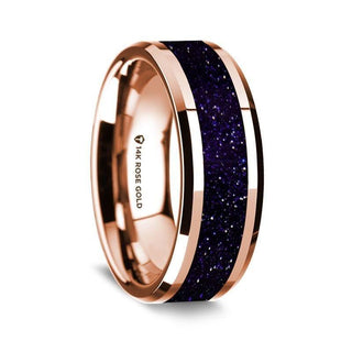 14K Rose Gold Polished Beveled Edges Wedding Ring with Purple Goldstone Inlay - 8 mm - Thorsten Rings