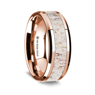 14K Rose Gold Polished Beveled Edges Wedding Ring with White Deer Antler Inlay - 8 mm - Thorsten Rings