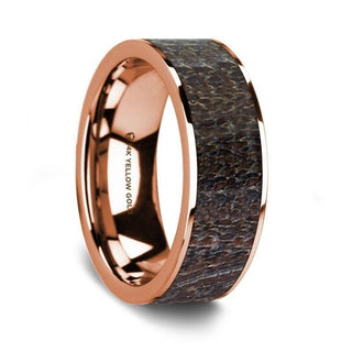 Flat Polished 14K Rose Gold Wedding Ring with Dark Deer Antler Inlay - 8 mm - Thorsten Rings