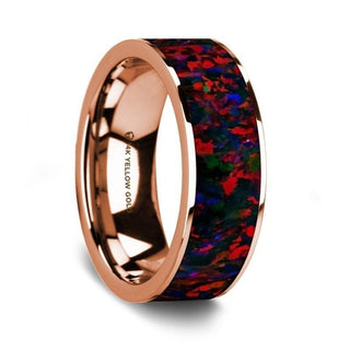 Flat Polished 14K Rose Gold Wedding Ring with Black and Red Opal Inlay - 8 mm - Thorsten Rings