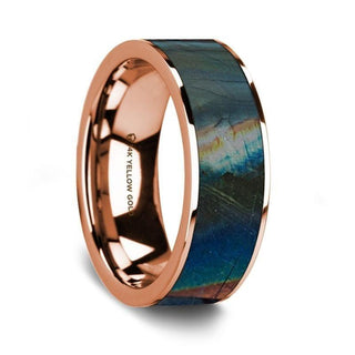 Flat Polished 14K Rose Gold Wedding Ring with Spectrolite Inlay - 8 mm - Thorsten Rings