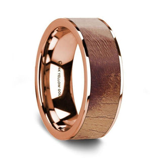 Flat Polished 14K Rose Gold Wedding Ring with Olive Wood Inlay - 8 mm - Thorsten Rings