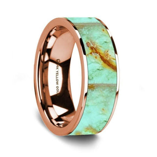 Flat Polished 14K Rose Gold Wedding Ring with Turquoise Inlay - 8 mm - Thorsten Rings