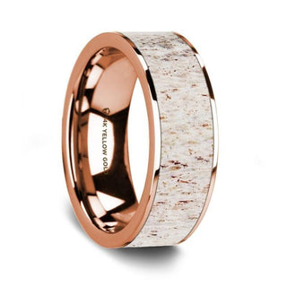 Flat Polished 14K Rose Gold Wedding Ring with White Deer Antler Inlay - 8 mm - Thorsten Rings