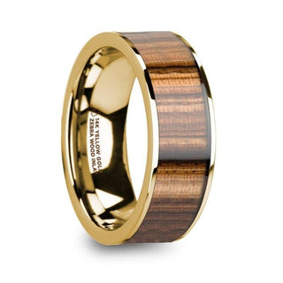 AEGIS 14K Yellow Gold Polished Wedding Band with Zebra Wood Inlay - 8mm - Thorsten Rings