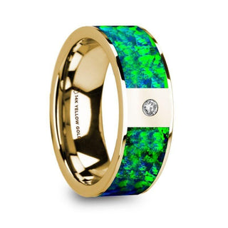 ALEXIS Flat Polished 14K Yellow Gold with Emerald Green and Sapphire Blue Opal Inlay & Diamond Setting - 8mm - Thorsten Rings