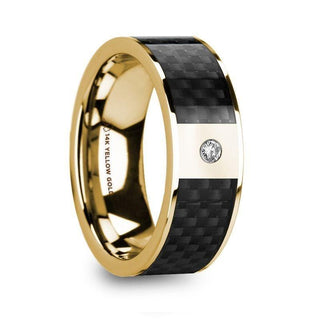 ALTAIR Polished 14K Yellow Gold & Black Carbon Fiber Inlay Men’s Wedding Band with Diamond - 8mm - Thorsten Rings