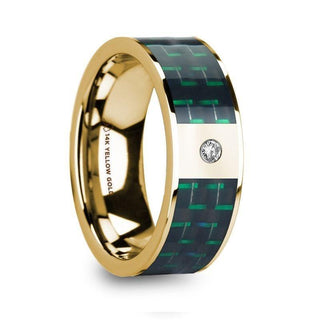 SAROS Black & Green Carbon Fiber Inlaid Polished 14k Yellow Gold Men’s Ring with Diamond - 8mm - Thorsten Rings