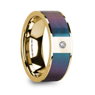 EUSEBIOS 14k Polished Yellow Gold Men’s Ring with Blue/Purple Color Changing Inlay & Diamond - 8mm - Thorsten Rings