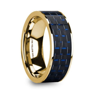 GREGOR Men’s Polished 14k Yellow Gold Flat Wedding Ring with Blue & Black Carbon Fiber Inlay - 8mm - Thorsten Rings