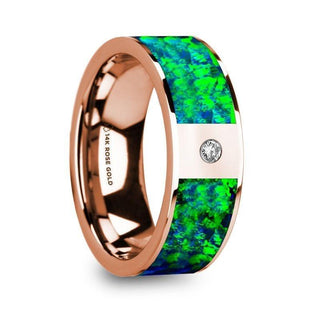 HERAKLEES Men’s Polished 14k Rose Gold & Green/Blue Opal Inlay Wedding Ring with Diamond - 8mm - Thorsten Rings