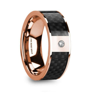 HERMEROS Black Carbon Fiber Inlaid 14k Rose Gold Polished Ring with Diamond Accent - 8mm - Thorsten Rings