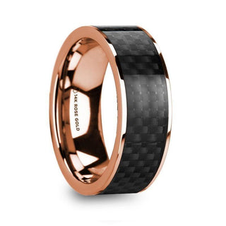 IORGOS Polished 14k Rose Gold Men’s Wedding Band with Black Carbon Fiber Inlay - 8mm - Thorsten Rings